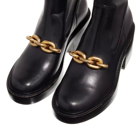 NIB$425 COACH Kenna Leather Pull-On Logo Chain Chunky Sole Heel Mid Boots 7.5 - Picture 5 of 14